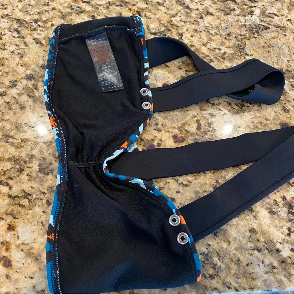 Top Shop Animal Print Cheetah Ruched Bikini Top Size 4 Small Black Blue Orange
